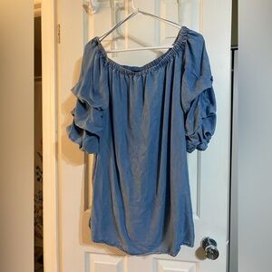 Off the shoulder chambray mini dress